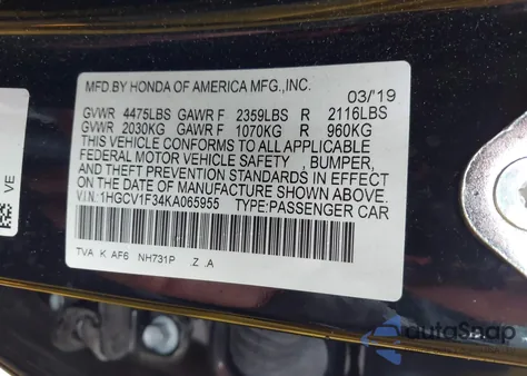 2019 Honda Accord Sport из США, поврежденный, VIN 1HGCV1F34KA065955